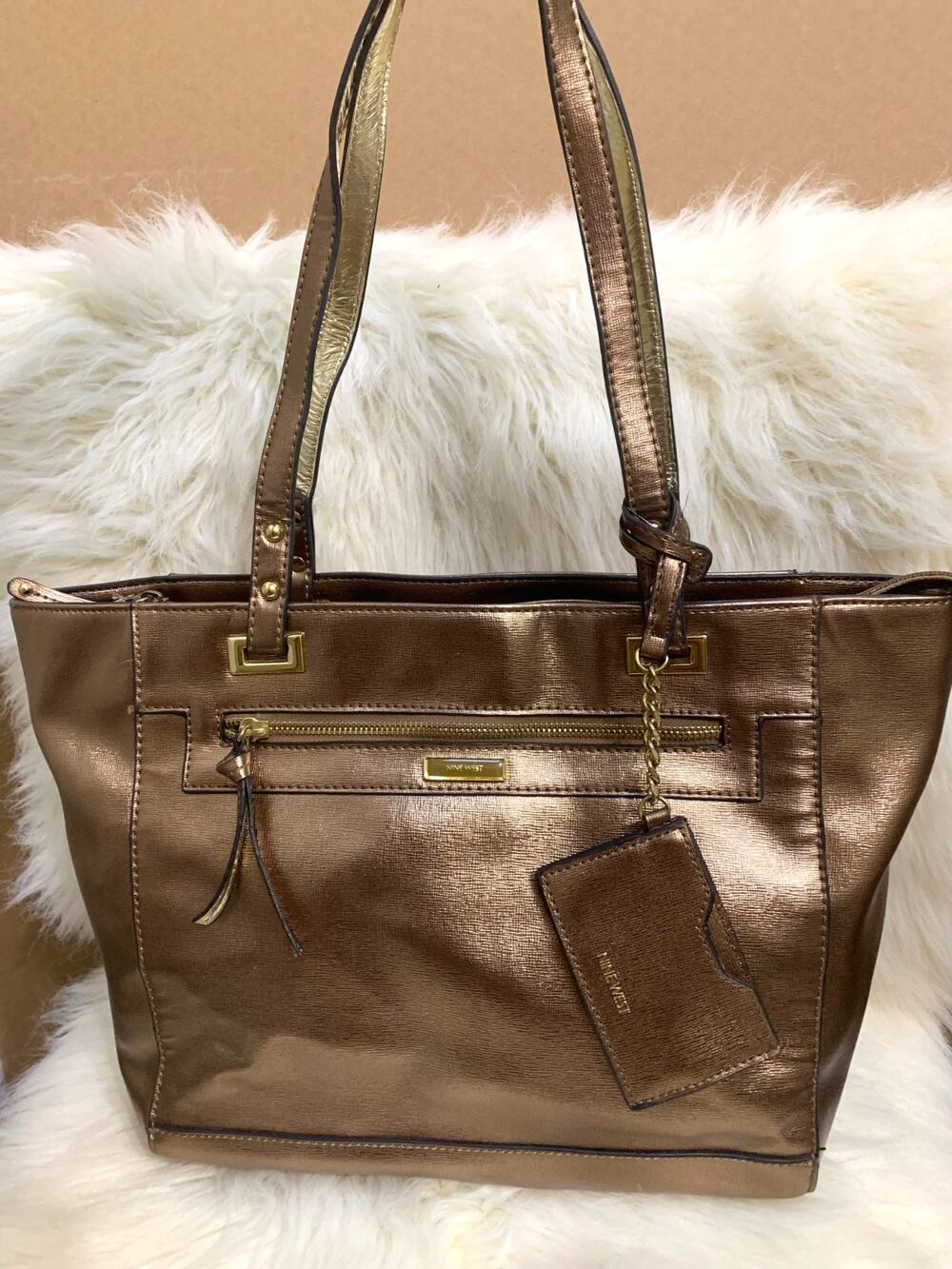 NINE WEST Bronze Metallic Faux Leather Zip Top Tote with ID Lanyard Hang Tag